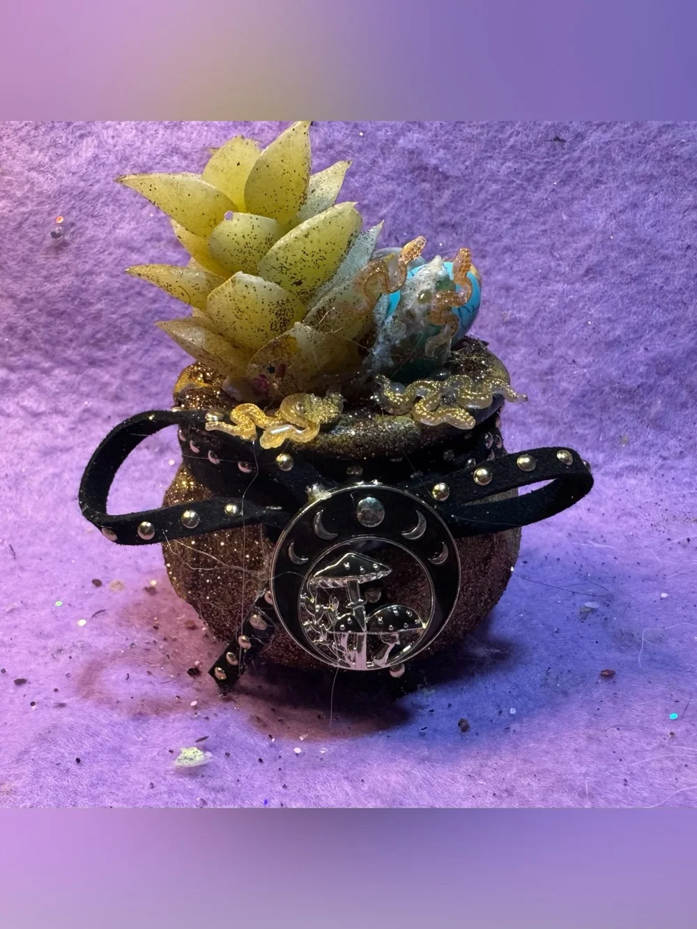 Glittery gold mini cauldron Succulent Ornament with Moon & Mushroom Charm